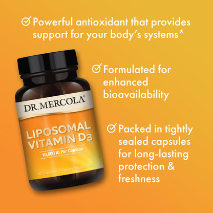 Dr. Mercola Liposomal Vitamin D3 10,000 IU – Immune, Heart & Bone Support – 90 Capsules