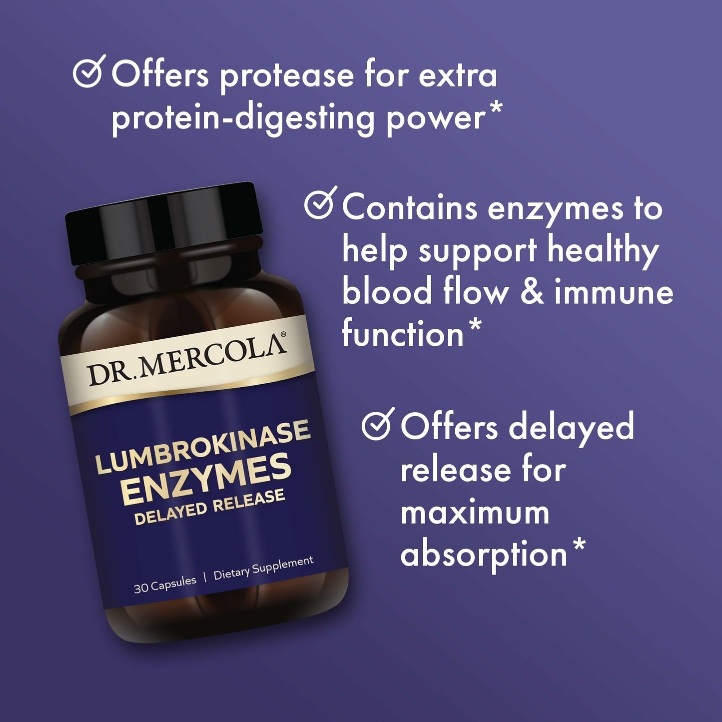 Dr. Mercola Lumbrokinase Enzymes — Delayed Release, Non-GMO, Gluten-Free & Soy-Free | 30 Capsules