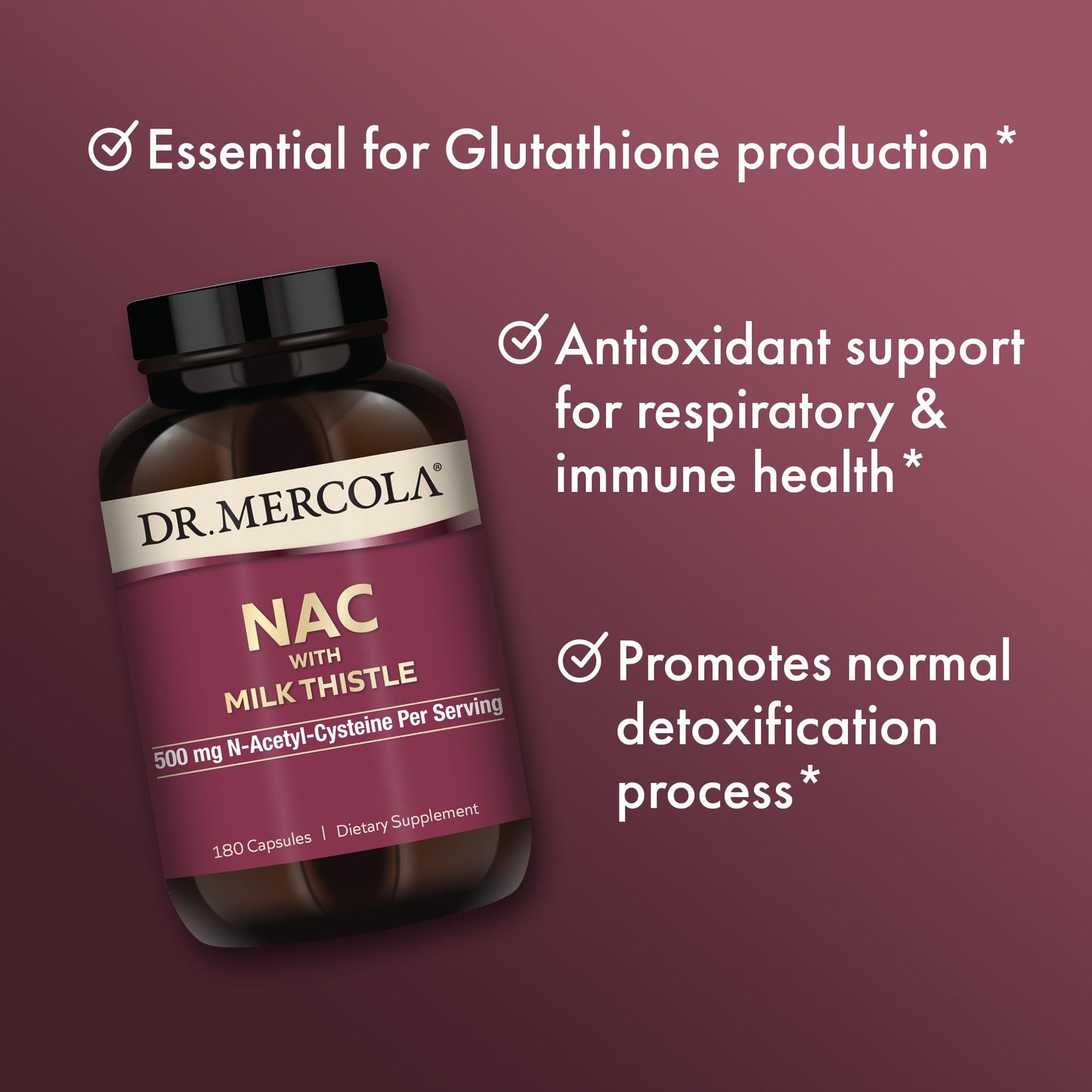 Dr. Mercola NAC with Milk Thistle - 500 mg NAC per Serving, 180 Capsules | Non-GMO, Gluten-Free & Soy-Free