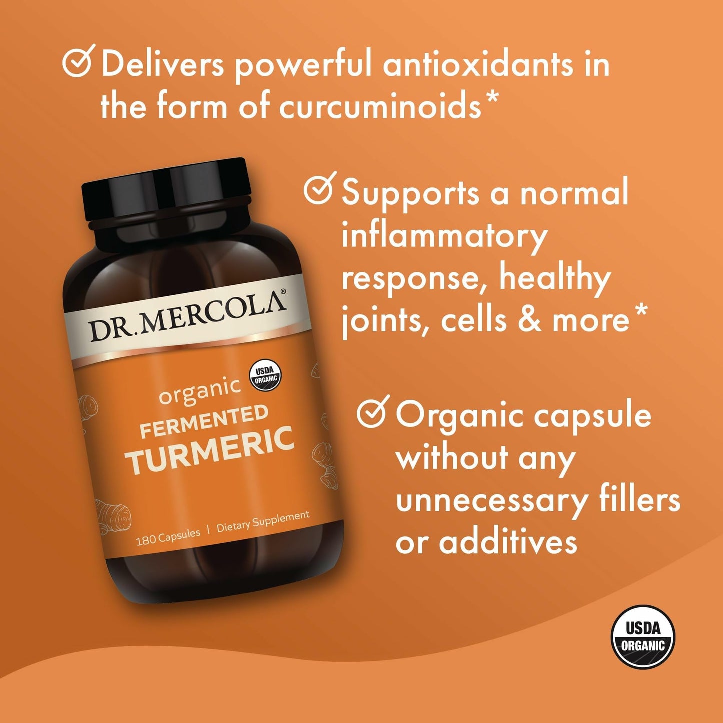 Dr. Mercola Organic Fermented Turmeric – 370 mg High-Bioavailability Curcuminoids, 180 Capsules (90 Servings) – USDA Organic, Non-GMO, Gluten-Free & Soy-Free