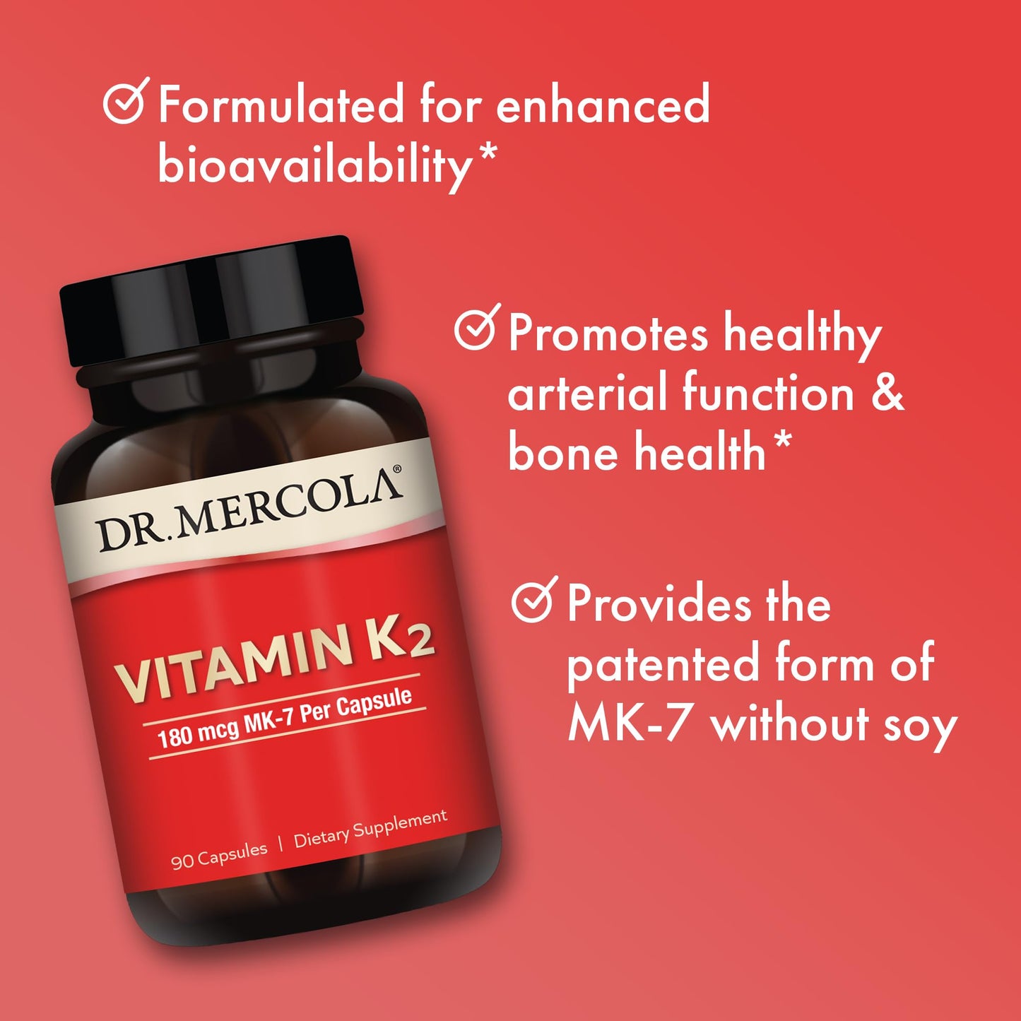 Dr. Mercola Vitamin K2 180 mcg MK-7 – Supports Arterial & Heart Health – 90 Servings