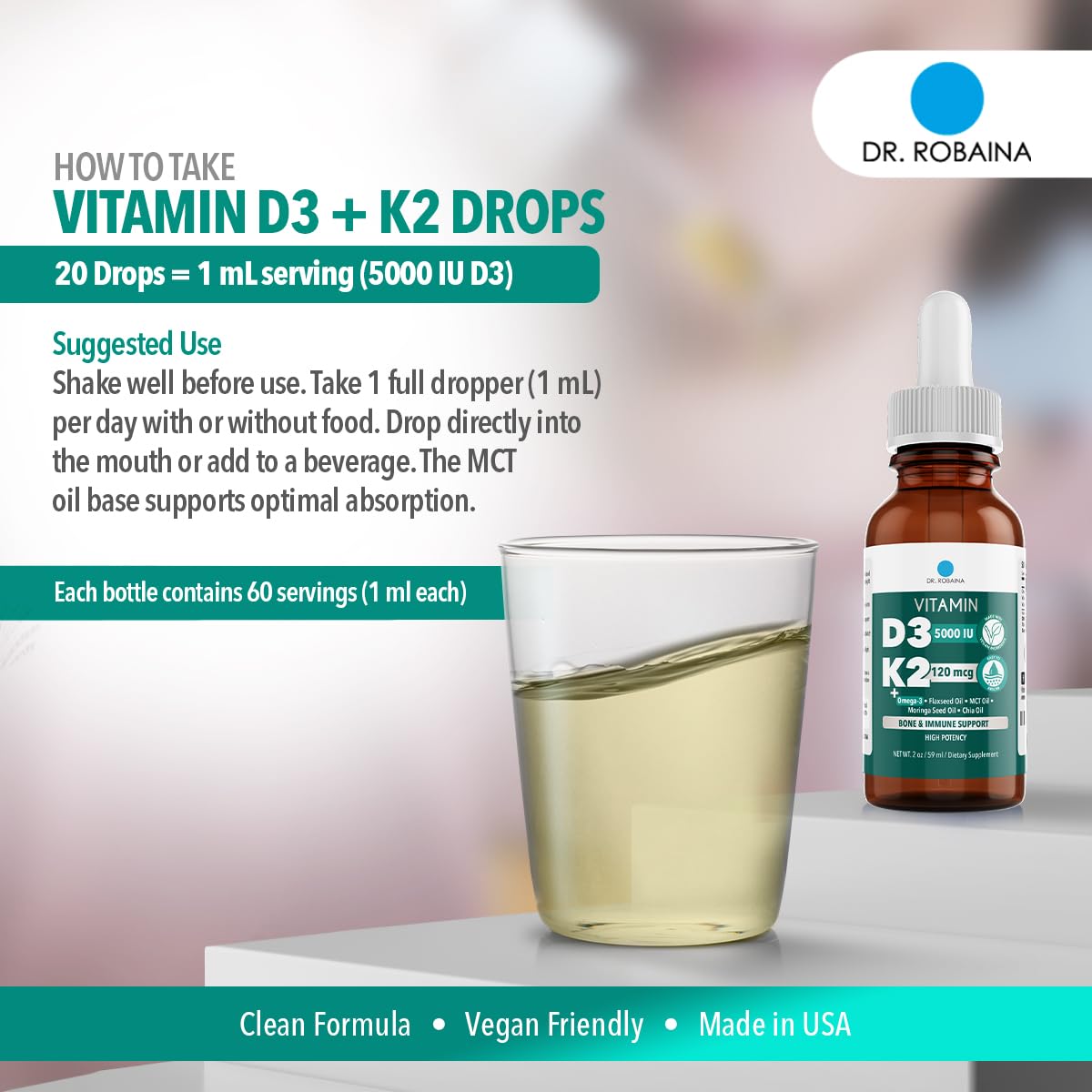 Dr. Robaina Vitamin D3 + K2 Drops – Vegan D3 and MK-7 in MCT Oil