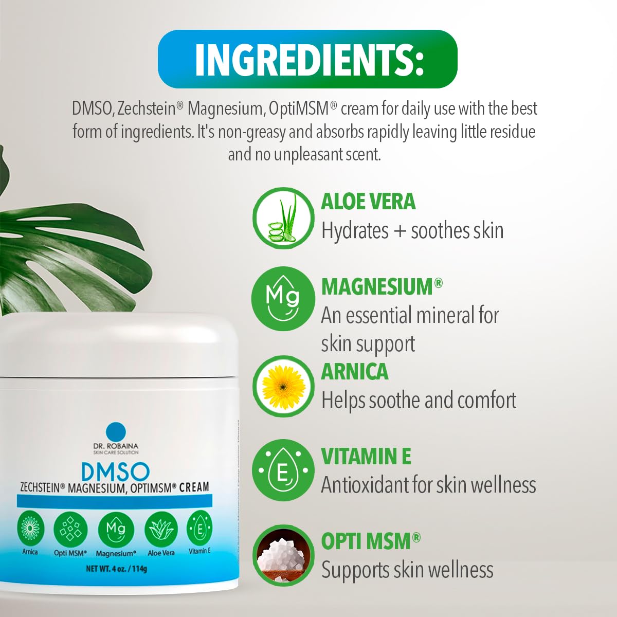 Dr. Robaina DMSO Cream – 99.9% Pure DMSO with Zechstein Magnesium & Arnica | Made in USA