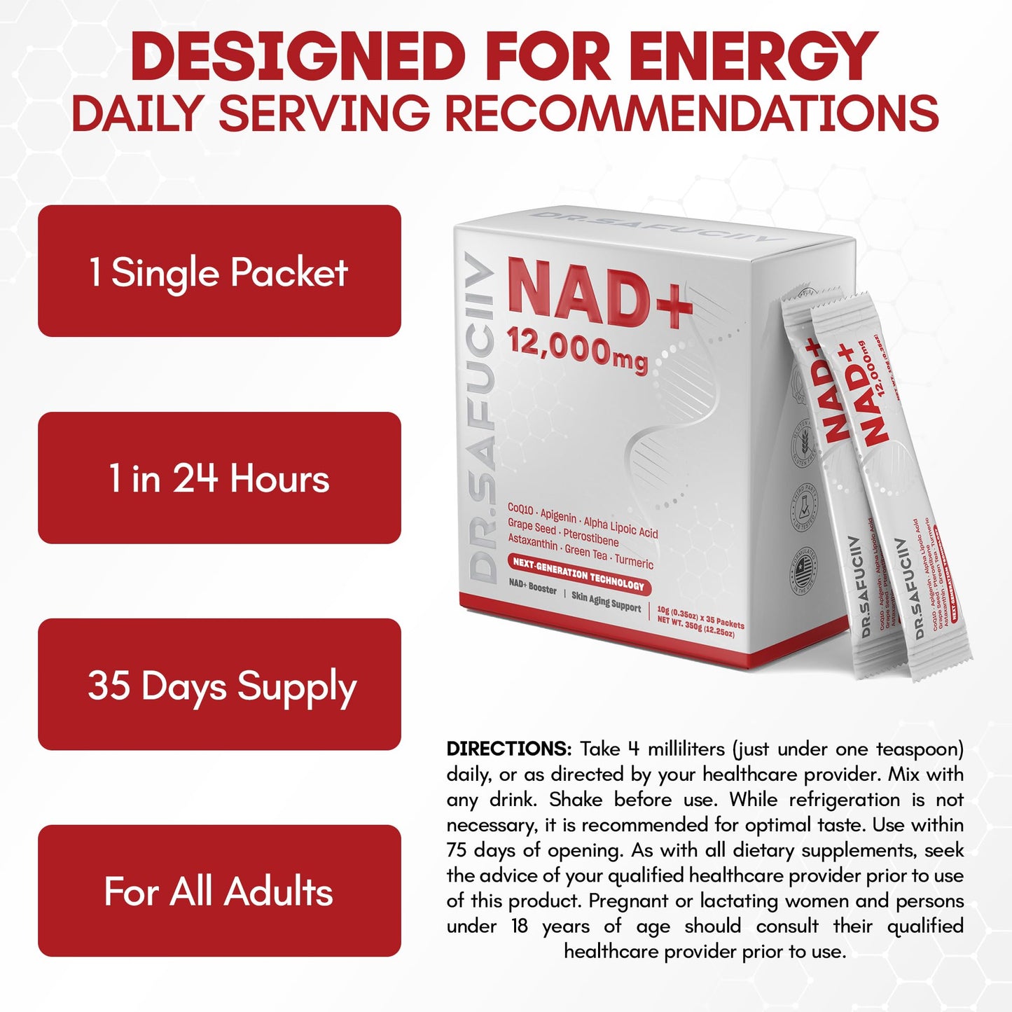 DR.SAFUCIIV NAD Supplement 12,000mg Extra Strength Alternative Liposomal, Urolithin A + Resveratrol for Men & Woemn, 8-in-1 Natural NAD+ Stick for Anti-Aging, Energy, Focus - 35 Packets