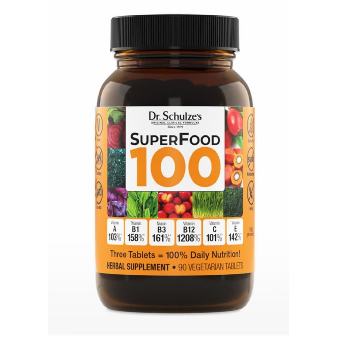 Dr. Schulze's SuperFood 100 - Everyday Plant-Based Multivitamin for Wellness - Gluten-Free & Dairy-Free - 90 Count