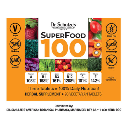 Dr. Schulze's SuperFood 100 - Everyday Plant-Based Multivitamin for Wellness - Gluten-Free & Dairy-Free - 90 Count