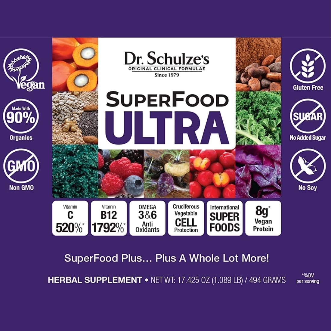 Dr. Schulze's SuperFood Ultra – Organic Super Food Powder with Vitamin B Complex & 520% Vitamin C | 17.4 oz