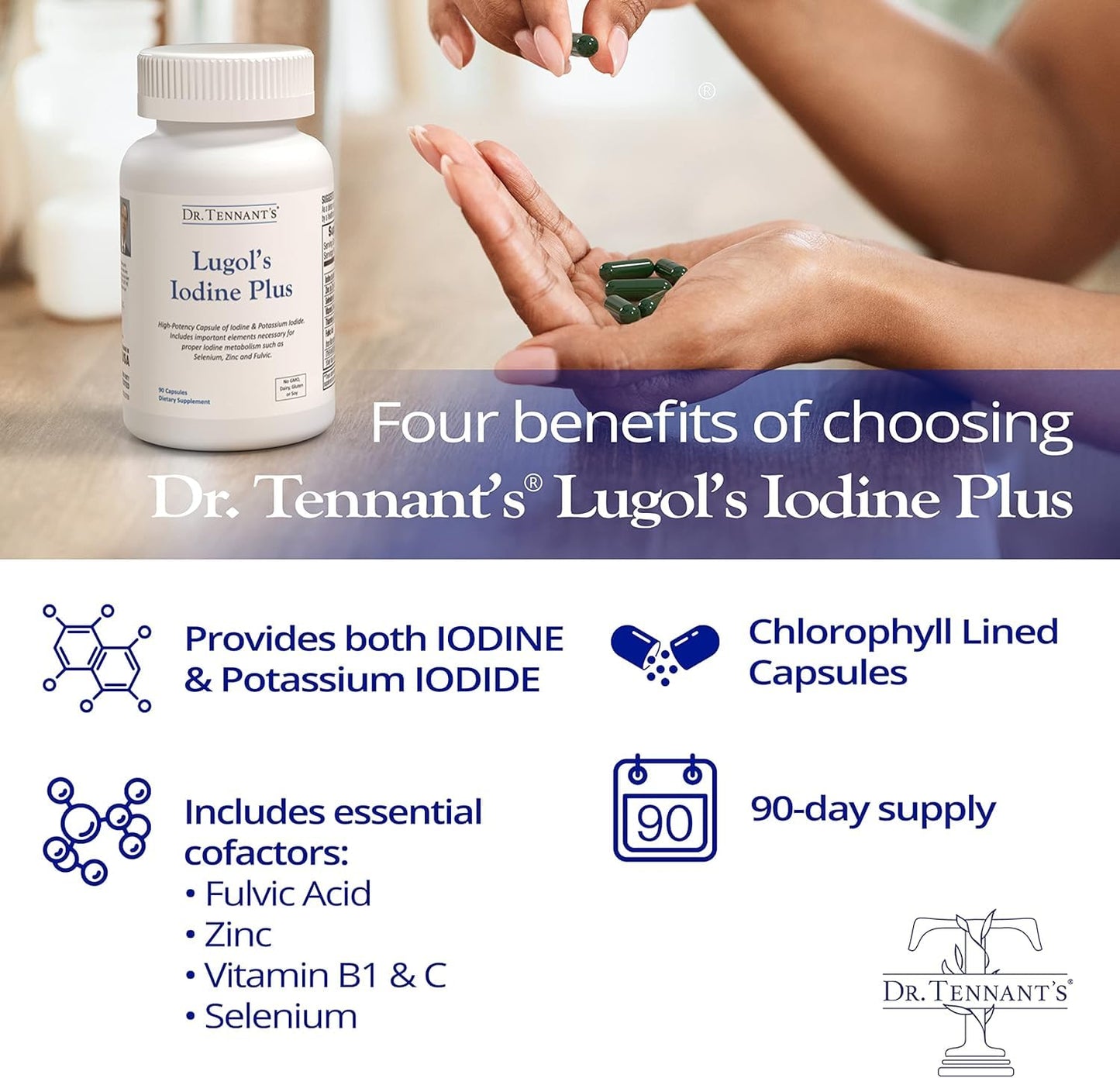 Dr. Tennant's Iodine Supplement Plus | Lugol's Iodine & Potassium Iodide with Selenium & Zinc | Supports Thyroid & Breast Health | 90 Capsules