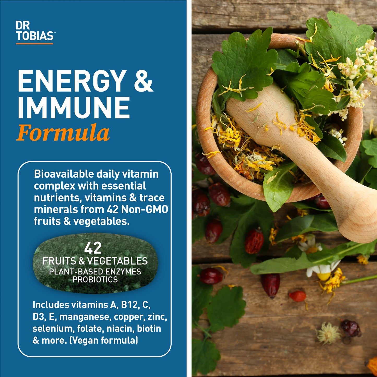 Dr. Tobias Adult Multivitamin for Women & Men – Immune Support, 42 Fruits & Vegetables, Vegan, Non-GMO, 180 Tablets