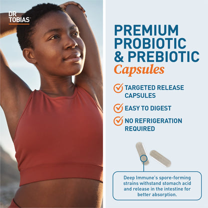 Dr. Tobias Deep Immune Probiotics & Prebiotics – Dual Action Digestive & Immune Support, 180 Capsules