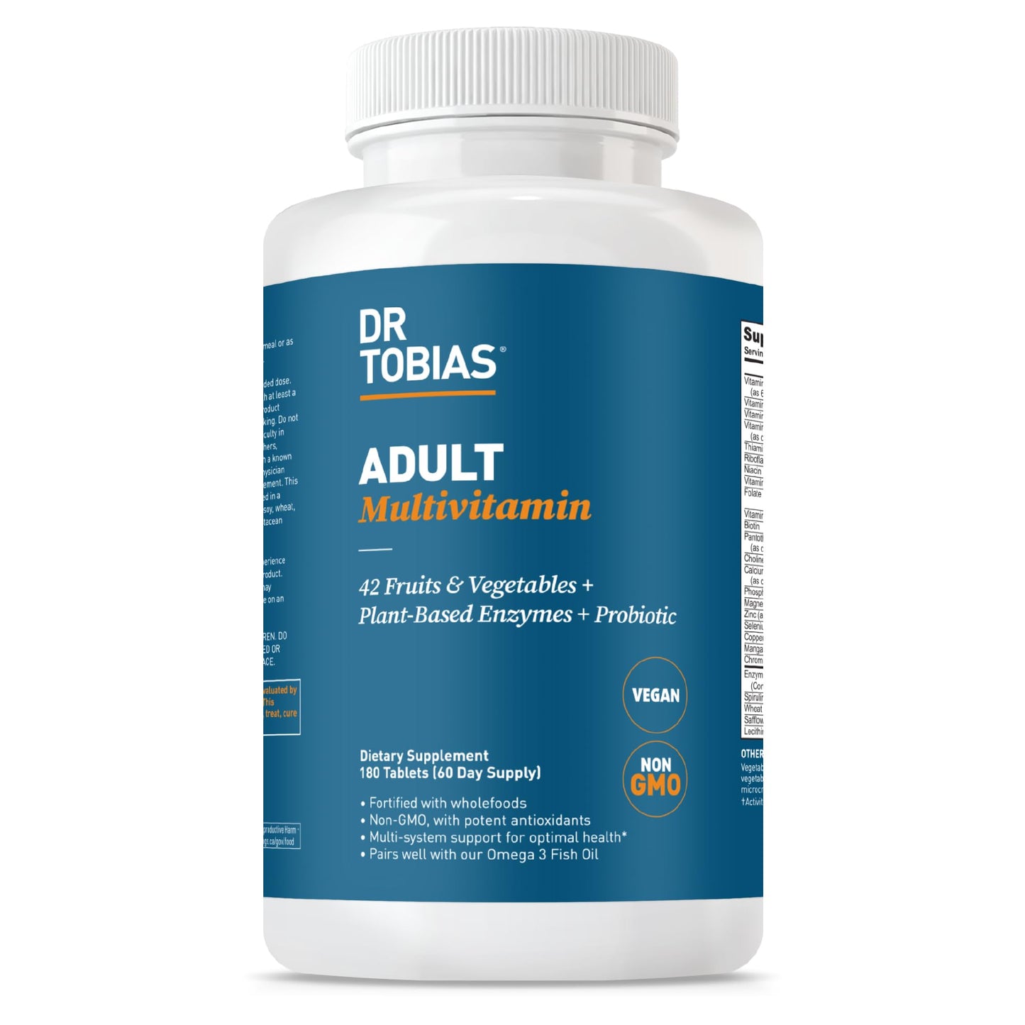 Dr. Tobias Adult Multivitamin for Women & Men – Immune Support, 42 Fruits & Vegetables, Vegan, Non-GMO, 180 Tablets