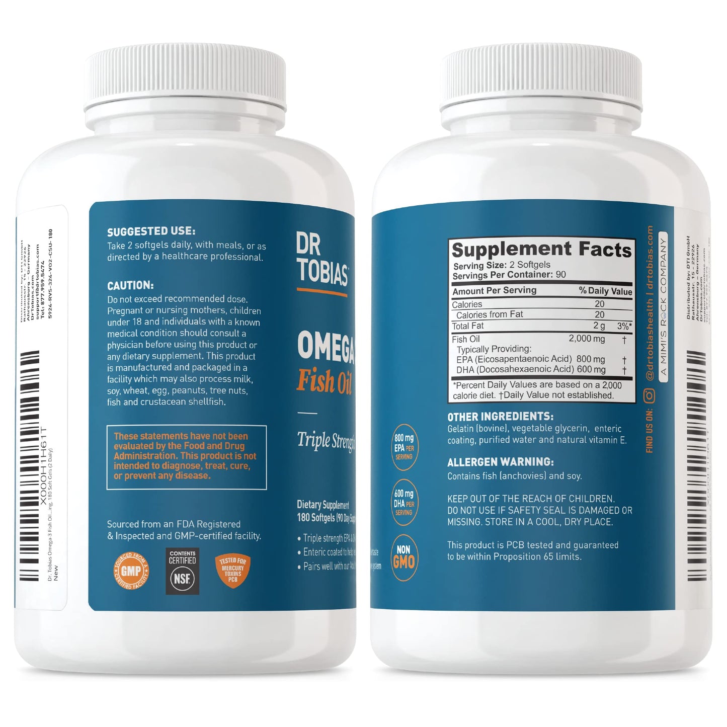 Dr. Tobias Omega-3 Fish Oil 2000mg Triple Strength – 800mg EPA / 600mg DHA per Serving | Heart, Brain & Immune Support | 360 Softgels