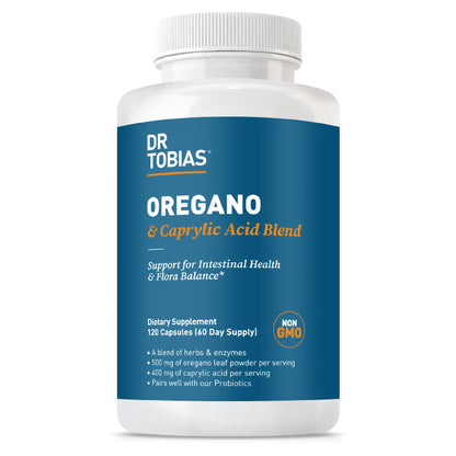 Dr. Tobias Oregano & Caprylic Acid Blend – Gut Flora Balance, Probiotics & Enzymes, 120 Capsules