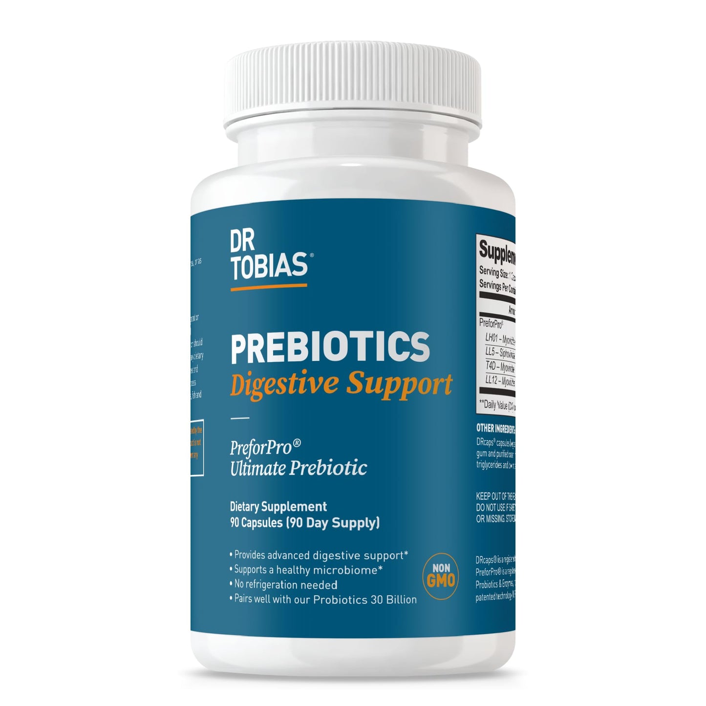 Dr. Tobias Prebiotics Digestive Support – Advanced Prebiotic for Gut Health, Immunity & Probiotic Boost, 90 Capsules