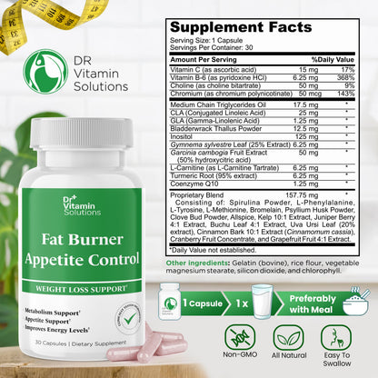 DR VITAMIN SOLUTIONS Fat Burner & Appetite Control – Metabolism Booster with L-Carnitine, CLA & Chromium