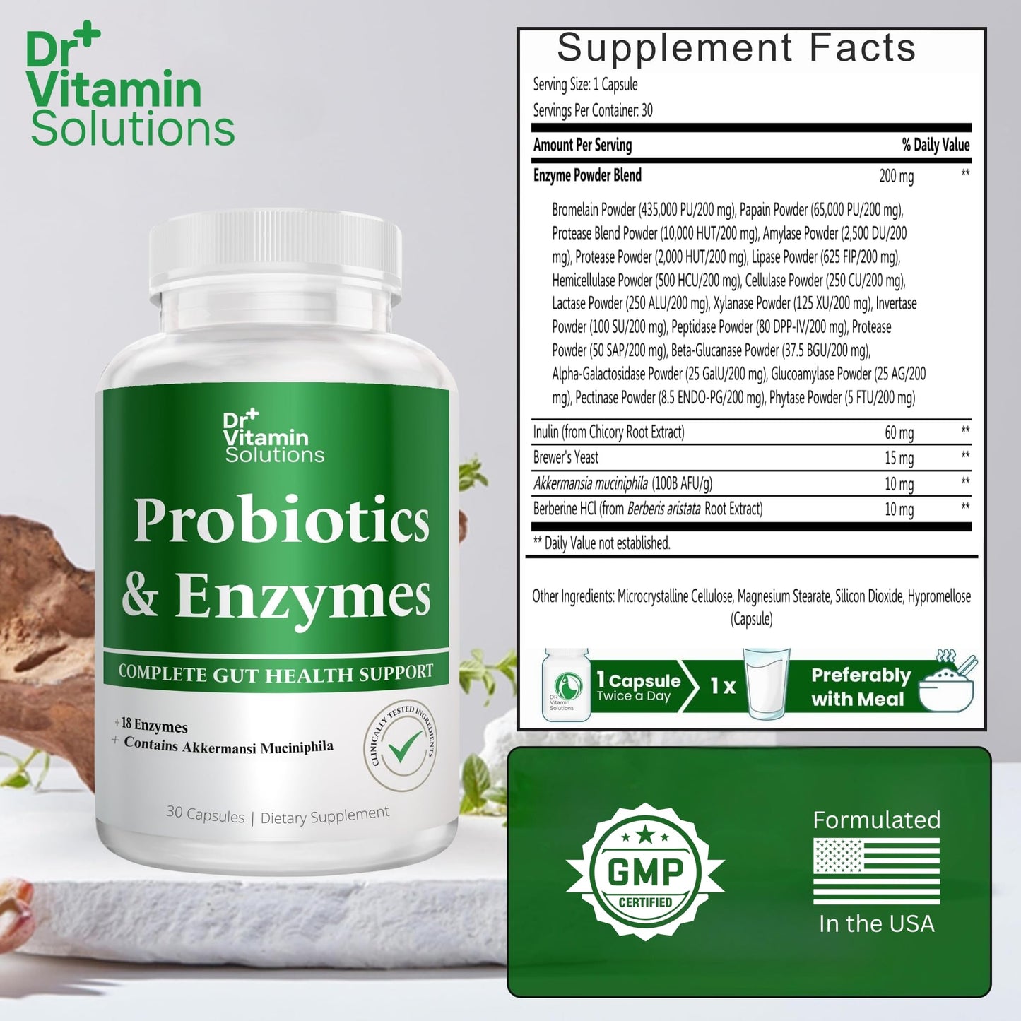 DR VITAMIN SOLUTIONS GLP-1 Support Enzymes, Probiotics & Berberine for Digestive Health | Gut Health, Bloating Relief | 30 Ct