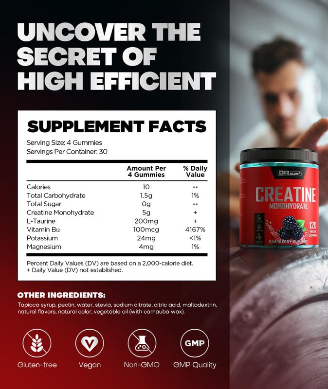 Dralot 99.99% Creatine Monohydrate Gummies – 5X Energy, 15% Strength, Vegan Pre-Workout Complex