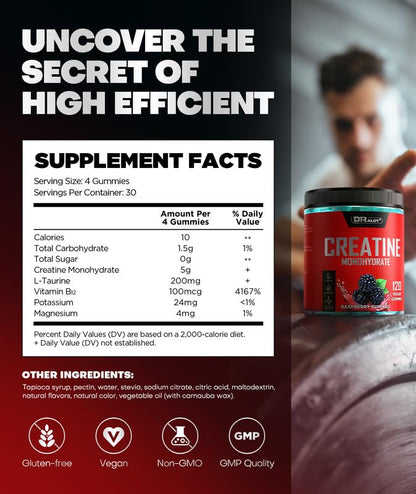 Dralot 99.99% Creatine Monohydrate Gummies – 5X Energy, 15% Strength, Vegan Pre-Workout Complex