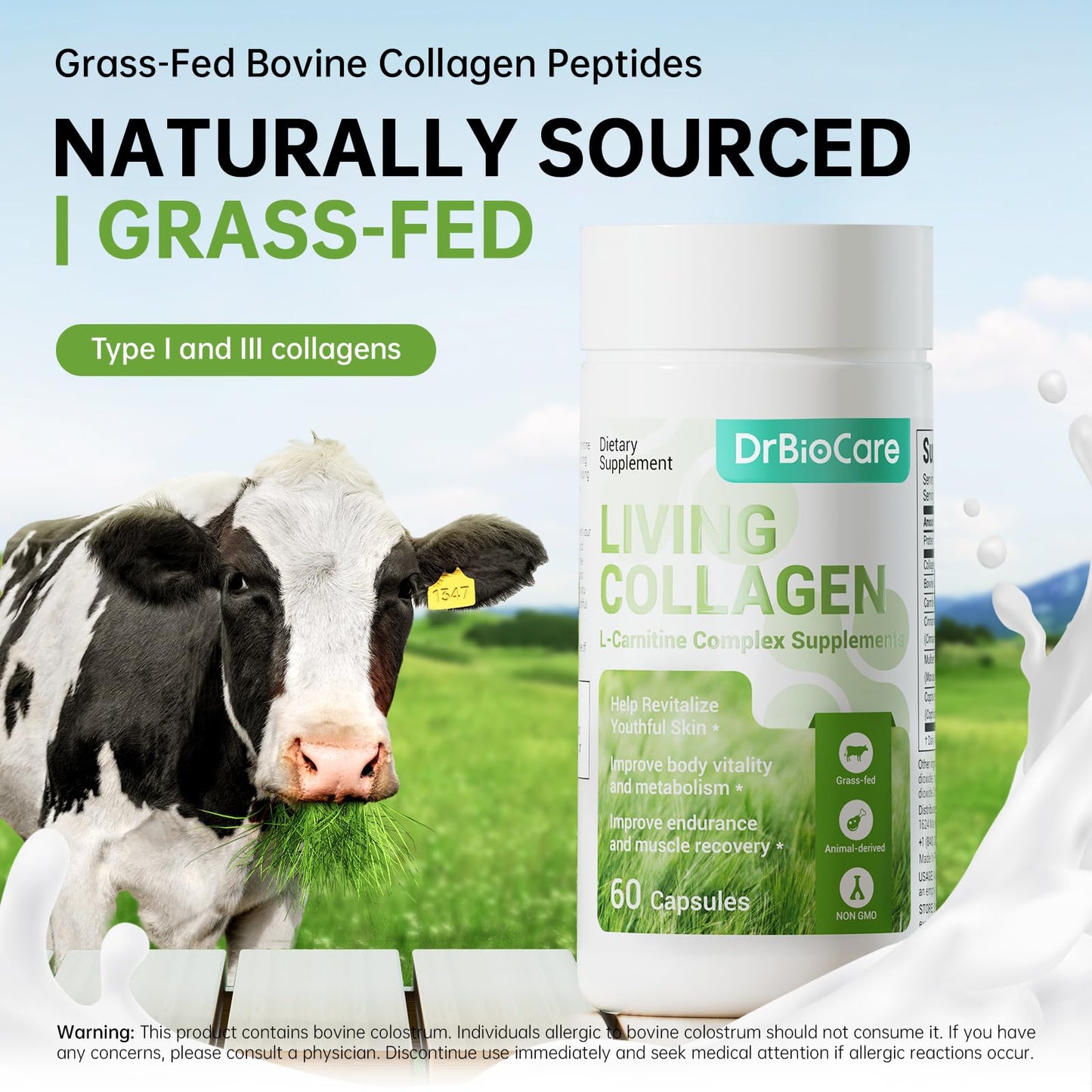 DrBioCare Living Collagen L-Carnitine Complex – Grass-Fed Collagen, Colostrum & More | 120 Capsules