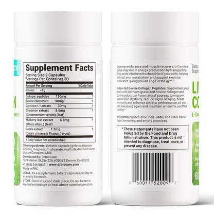 DrBioCare Living Collagen L-Carnitine Complex – Grass-Fed Collagen, Colostrum & More | 120 Capsules