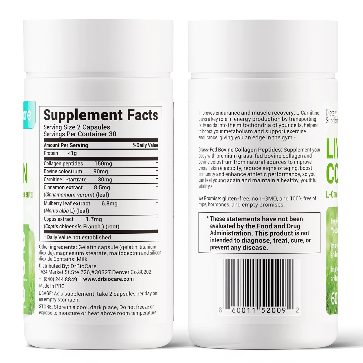 DrBioCare Living Collagen L-Carnitine Complex – Grass-Fed Collagen, Colostrum & More | 120 Capsules