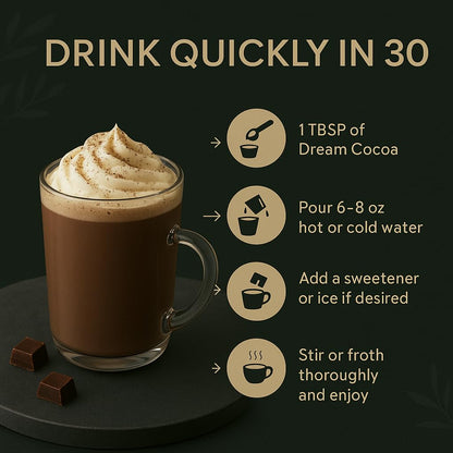 Dream Cocoa Magnesium Hot Cocoa – Melatonin-Free Sleep Support with Reishi, L-Theanine & Zinc Glycinate | 30 Servings
