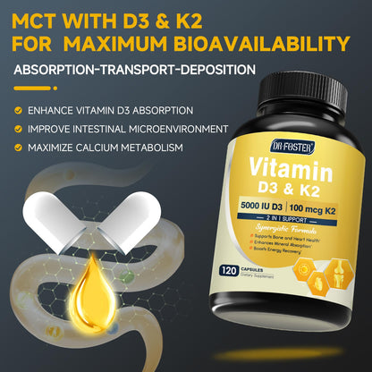 DRFOSTER Vitamin D3 & K2 – High-Potency D3 125mcg + MK-7 100mcg for Bone, Heart & Immune Support