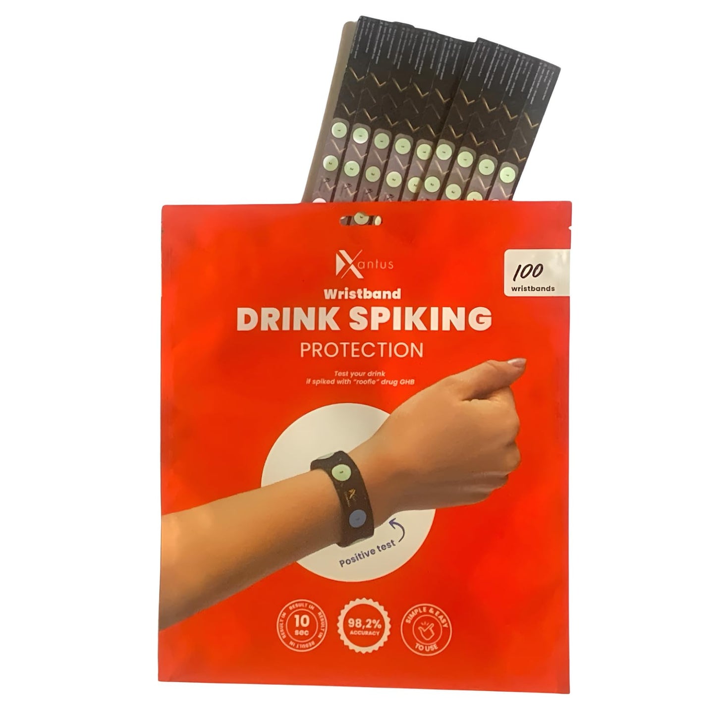 Drink Check Wristband by Xantus – GHB Test in 10 Seconds | USA Made | 100 Black Wristbands (400 Tests)