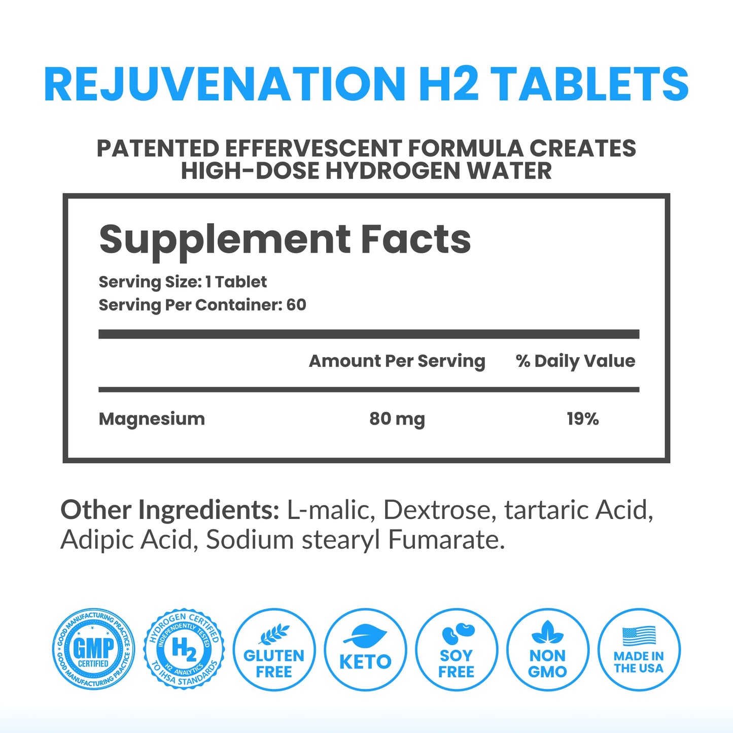 DRINK HRW Rejuvenation: Molecular Hydrogen Water Tablets with 12 ppm H2 | 60 Count, Unflavored