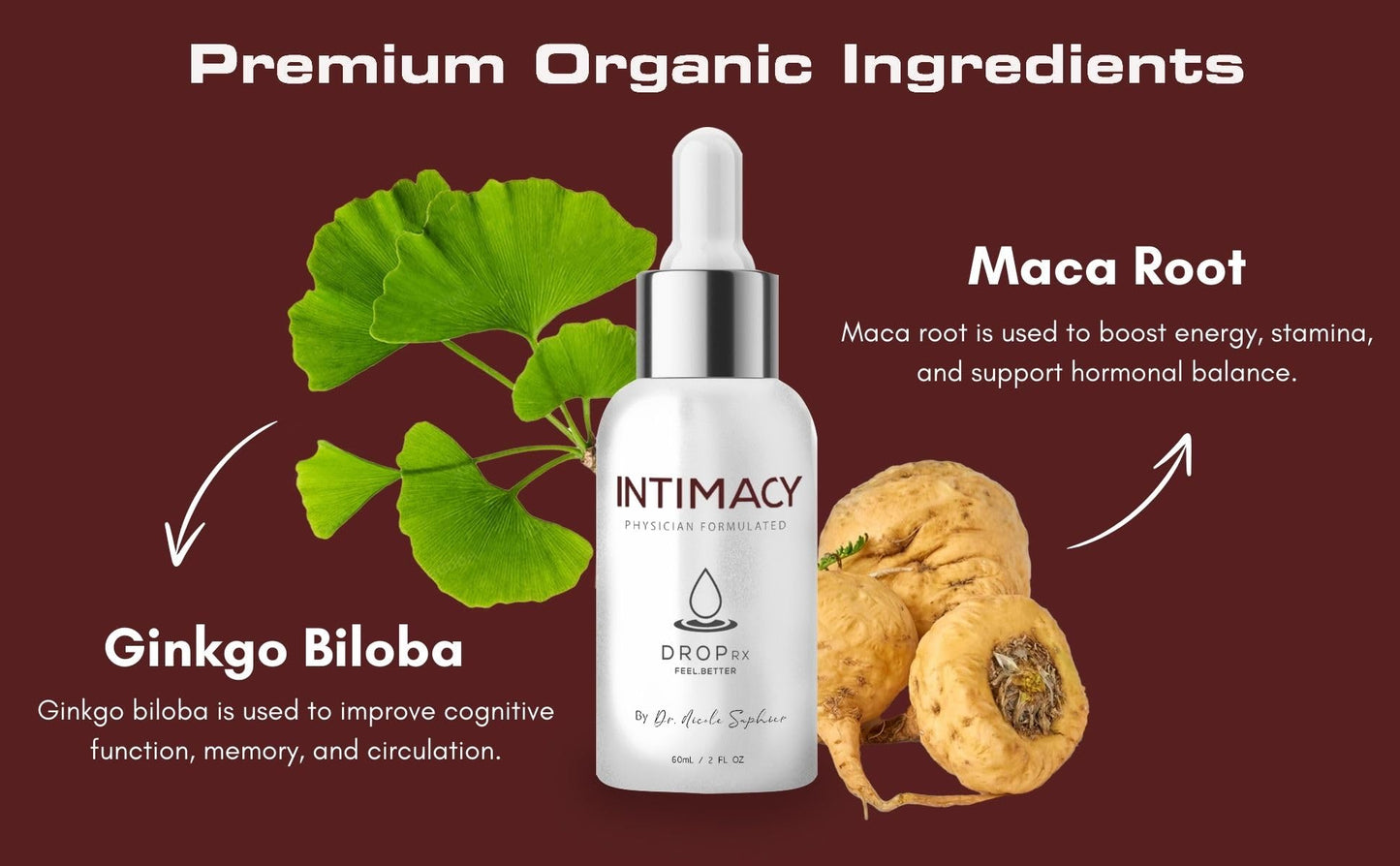 Drop Rx Intimacy by Dr. Nicole Saphier – Organic Maca, Ginkgo & Tribulus Liquid Supplement (USA Made)