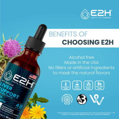 E2H Liver Support Liquid Drops – Milk Thistle Detox with Artichoke & Dandelion | 3 Bottles