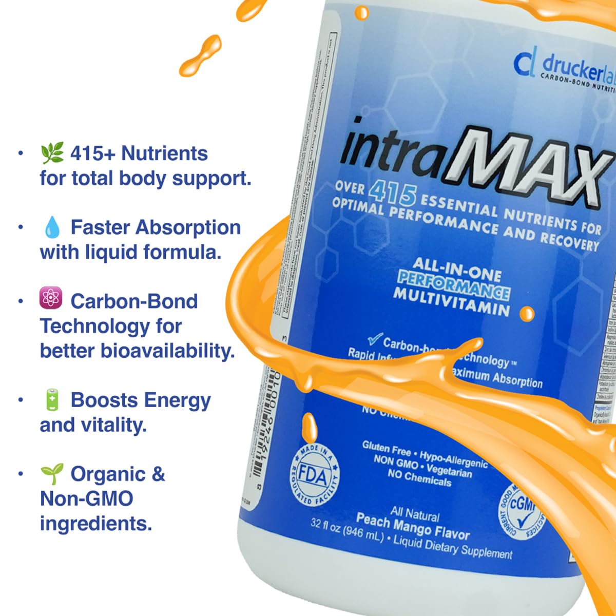 Drucker Labs intraMAX Organic Liquid Multivitamin – 32 oz Peach Mango