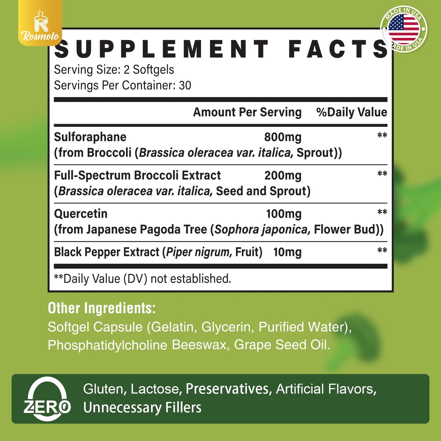 Rosmolo 800 mg Liposomal Sulforaphane | Dual-Delivery, Full-Spectrum Broccoli Extract, 180 Softgels