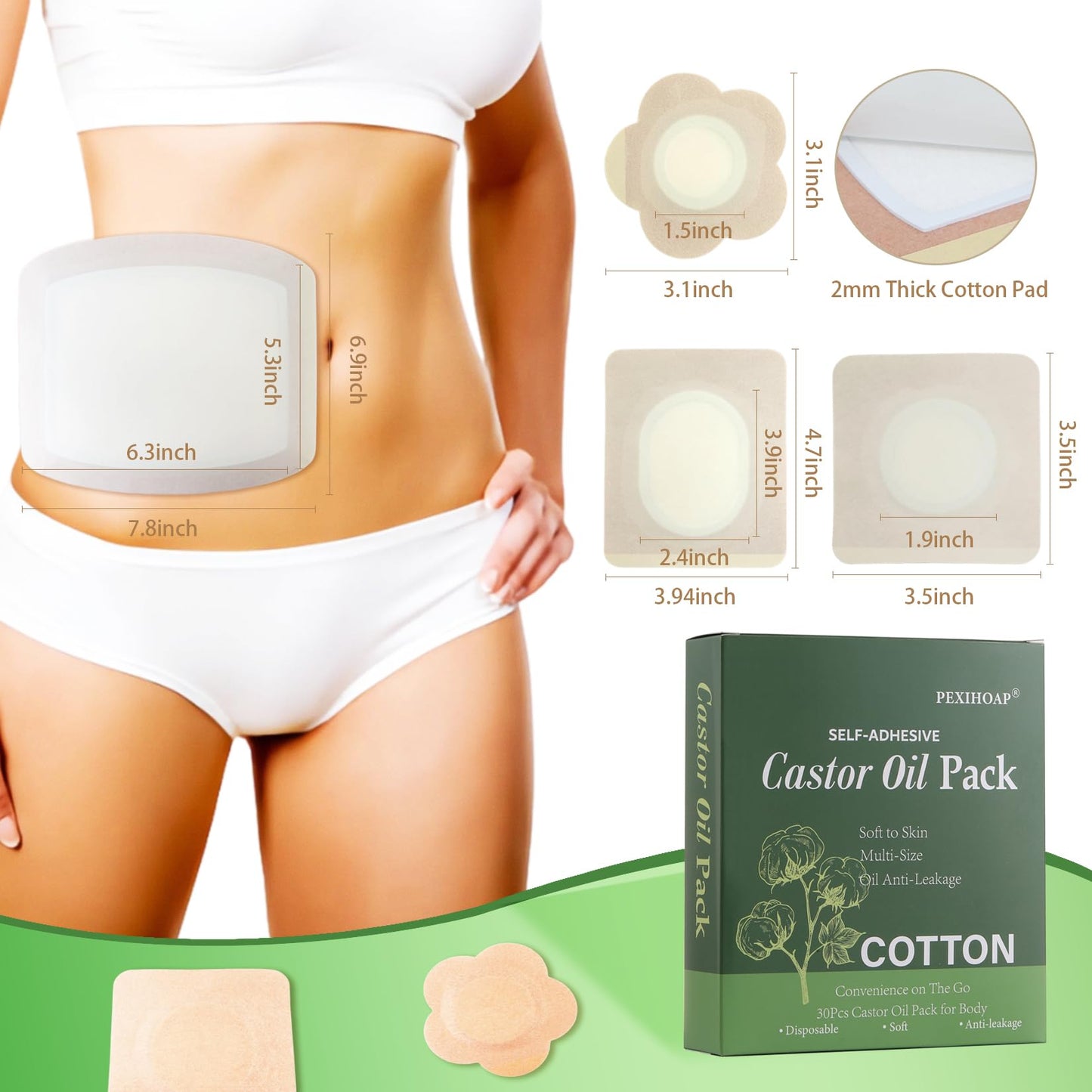 30Pcs Adhesive Castor Oil Pack Wrap – Organic Cotton Patch for Waist, Back, Neck, Arm, Belly | Leak-Proof