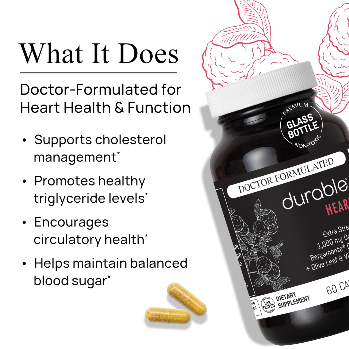 Durable Heart Bergamonte 1000mg + Olive Leaf + Vitamin C | Heart Health Supplement