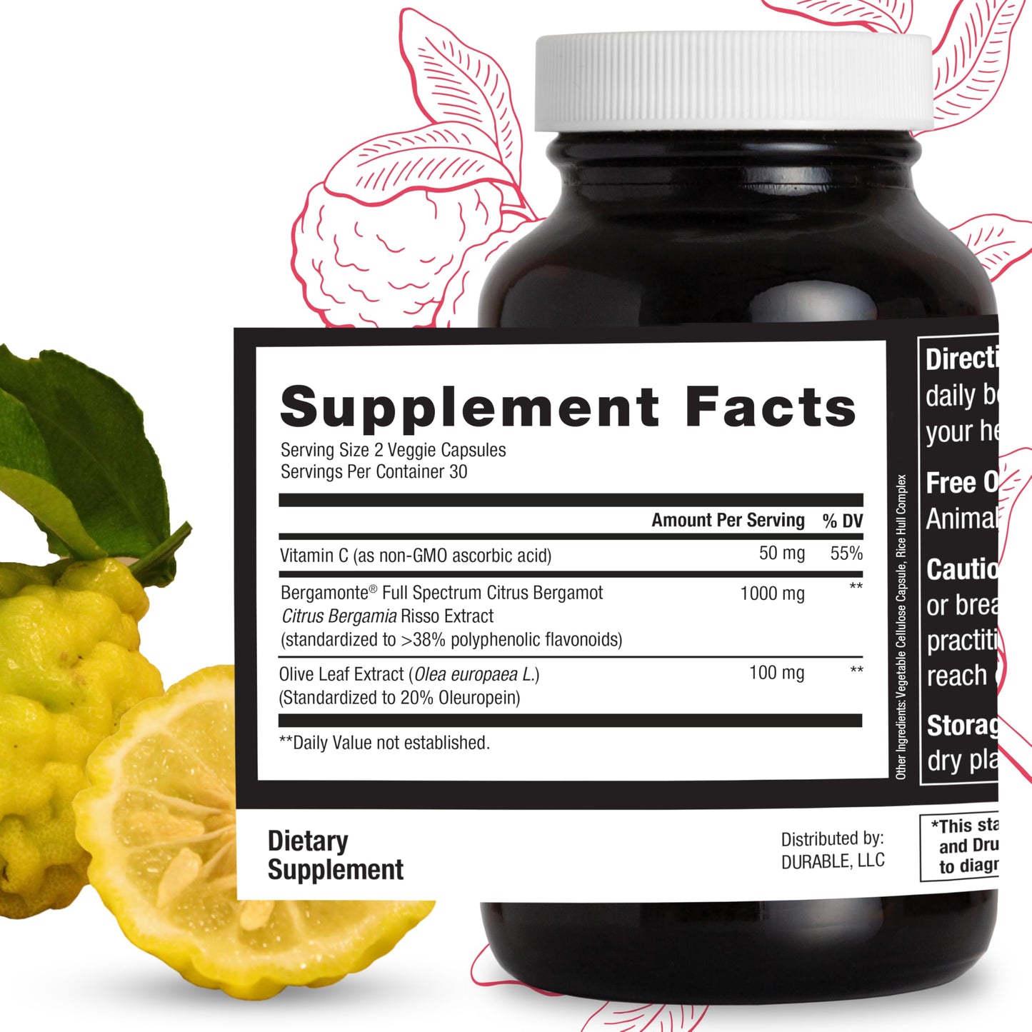 Durable Heart Bergamonte 1000mg + Olive Leaf + Vitamin C | Heart Health Supplement