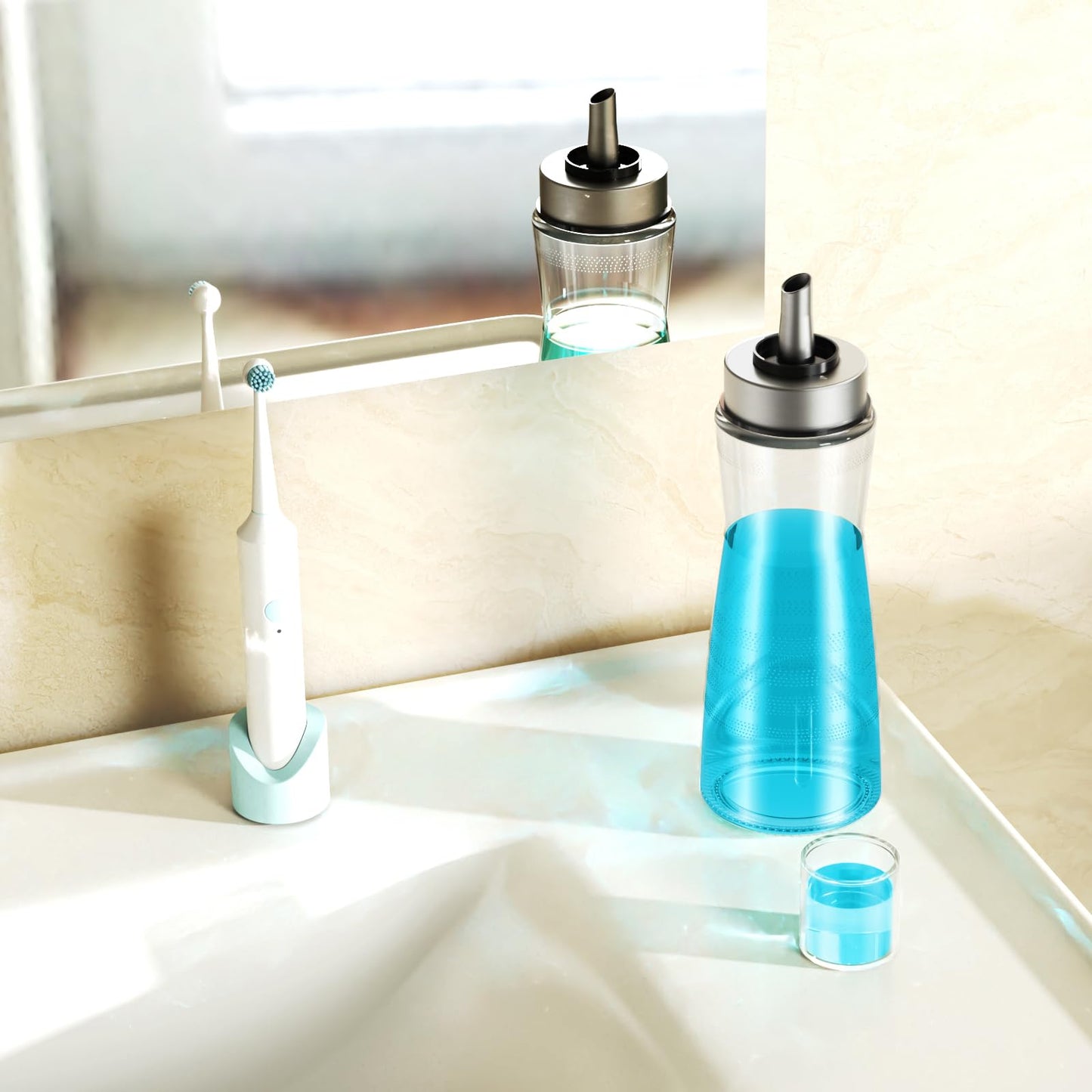NiHome 2-Pack 10oz Leakproof Glass Mouthwash Dispensers – Easy Pour, Built-in Cup & Dust Cover