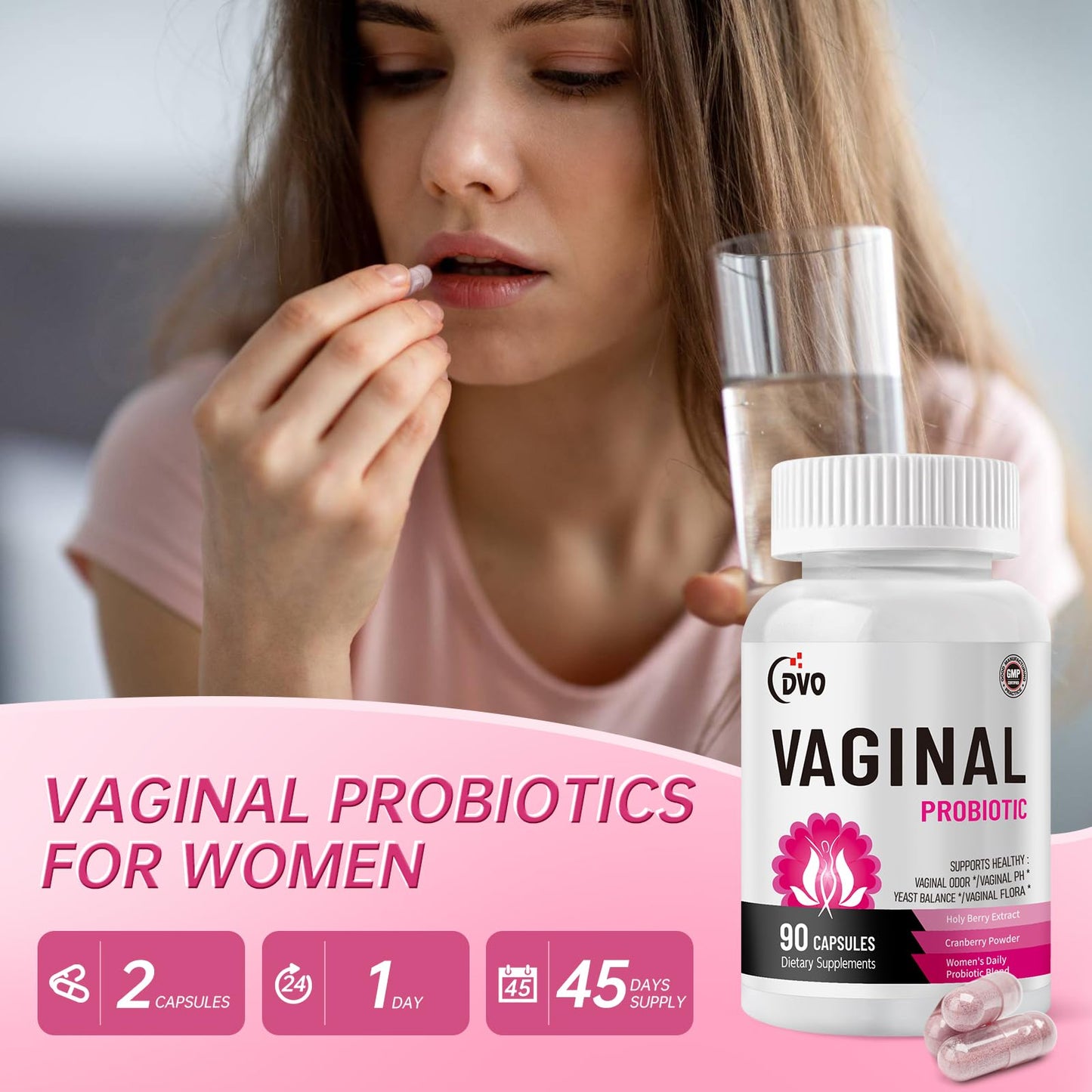 DVO Vaginal Probiotics for Women - pH Balance, 60 Billion CFU + Prebiotics & Lactobacillus - Odor & Yeast Balance, Flora Support, Immune Health - 90 Count