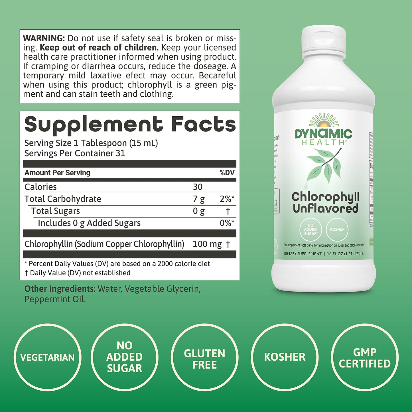 Dynamic Health Liquid Chlorophyll Unflavored 100 mg | Chlorophyllin with Alfalfa & Mulberry Leaves | 16 Fl Oz