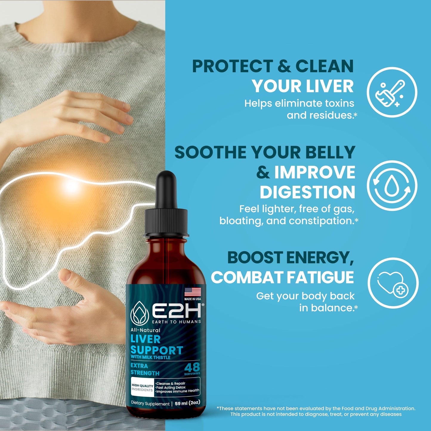 E2H Liver Support Liquid Drops – Milk Thistle Detox with Artichoke & Dandelion | 3 Bottles