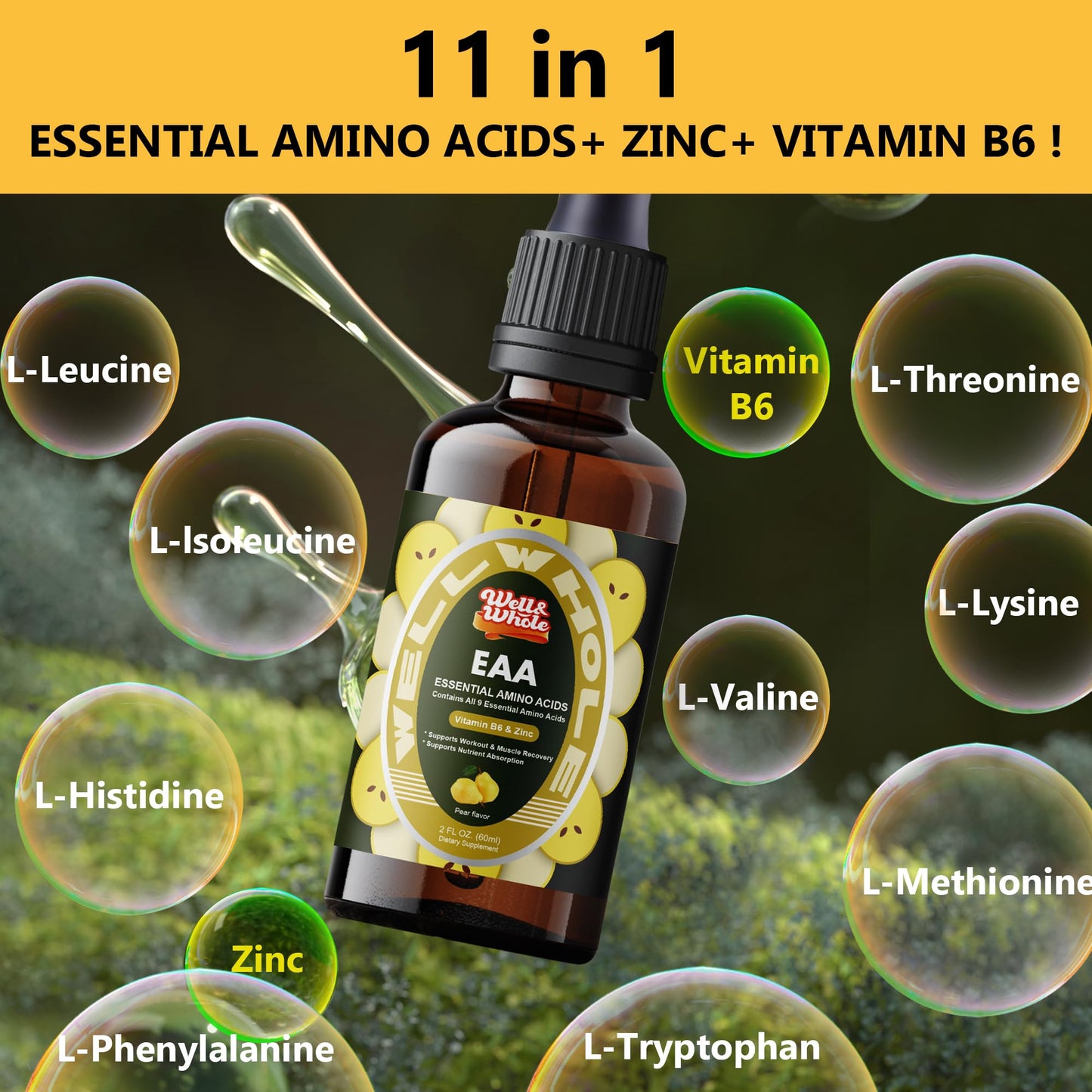 Essential Amino Acid (EAA) Liquid Drops – Liver Support, Vitamin B6 & Zinc, Vegan, 2 oz