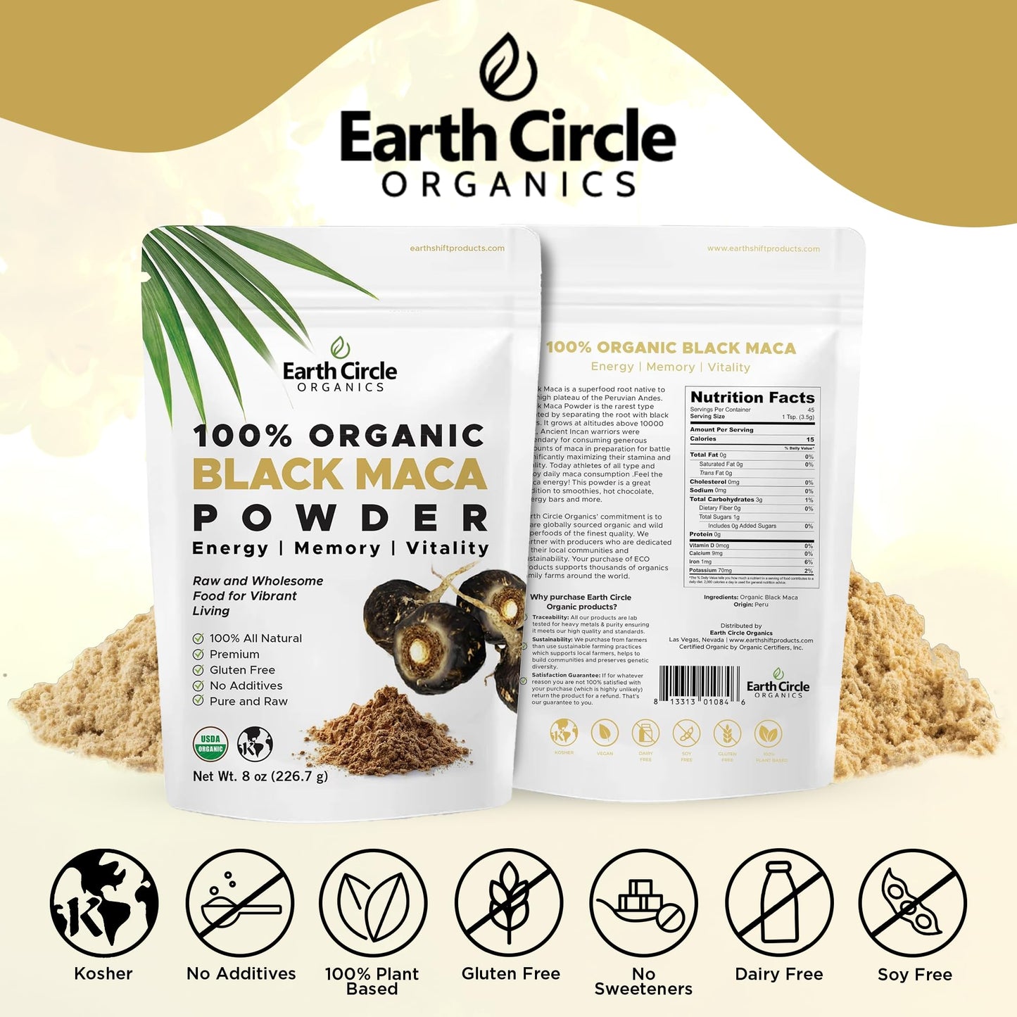 Earth Circle Organics Black Maca Powder – Peruvian Maca Negra, Energy & Vitality (8oz x3)