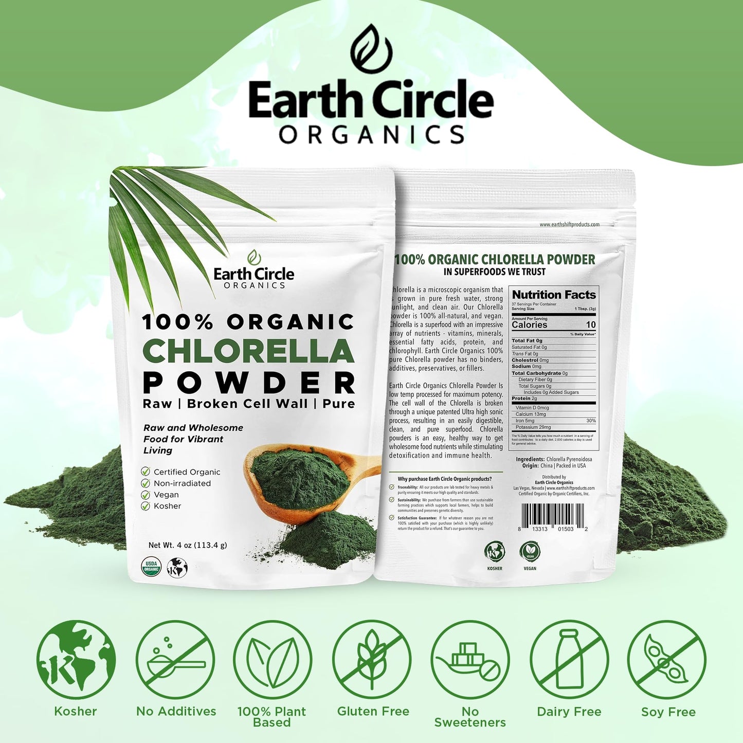 Earth Circle Organics Chlorella Powder – Kosher, Vegan, Broken Cell Wall, 4oz