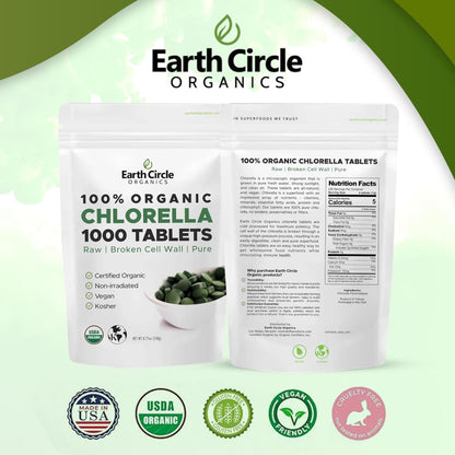 Earth Circle Organics Organic Chlorella Tablets 1000 Count | High Potency Chlorophyll Supplement | Broken Cell Wall for Absorption | Vegan, Kosher, Non-GMO | Pack of 3