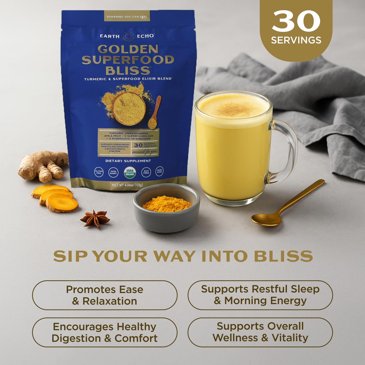 Earth Echo Golden Bliss - Golden Milk Powder with Turmeric and Ginger for Relaxation and Sleep | Organic, Vegan