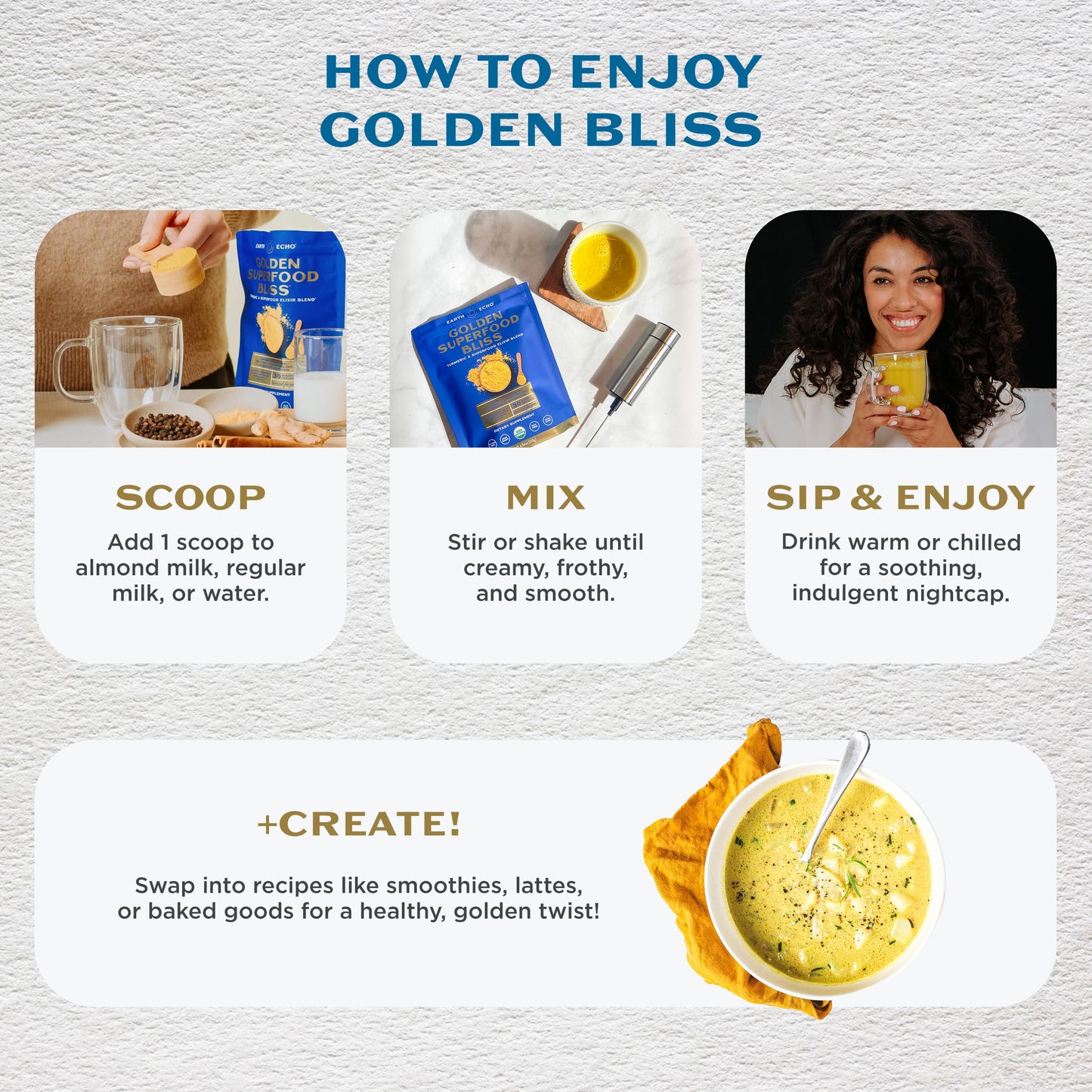 Earth Echo Golden Bliss - Golden Milk Powder with Turmeric and Ginger for Relaxation and Sleep | Organic, Vegan