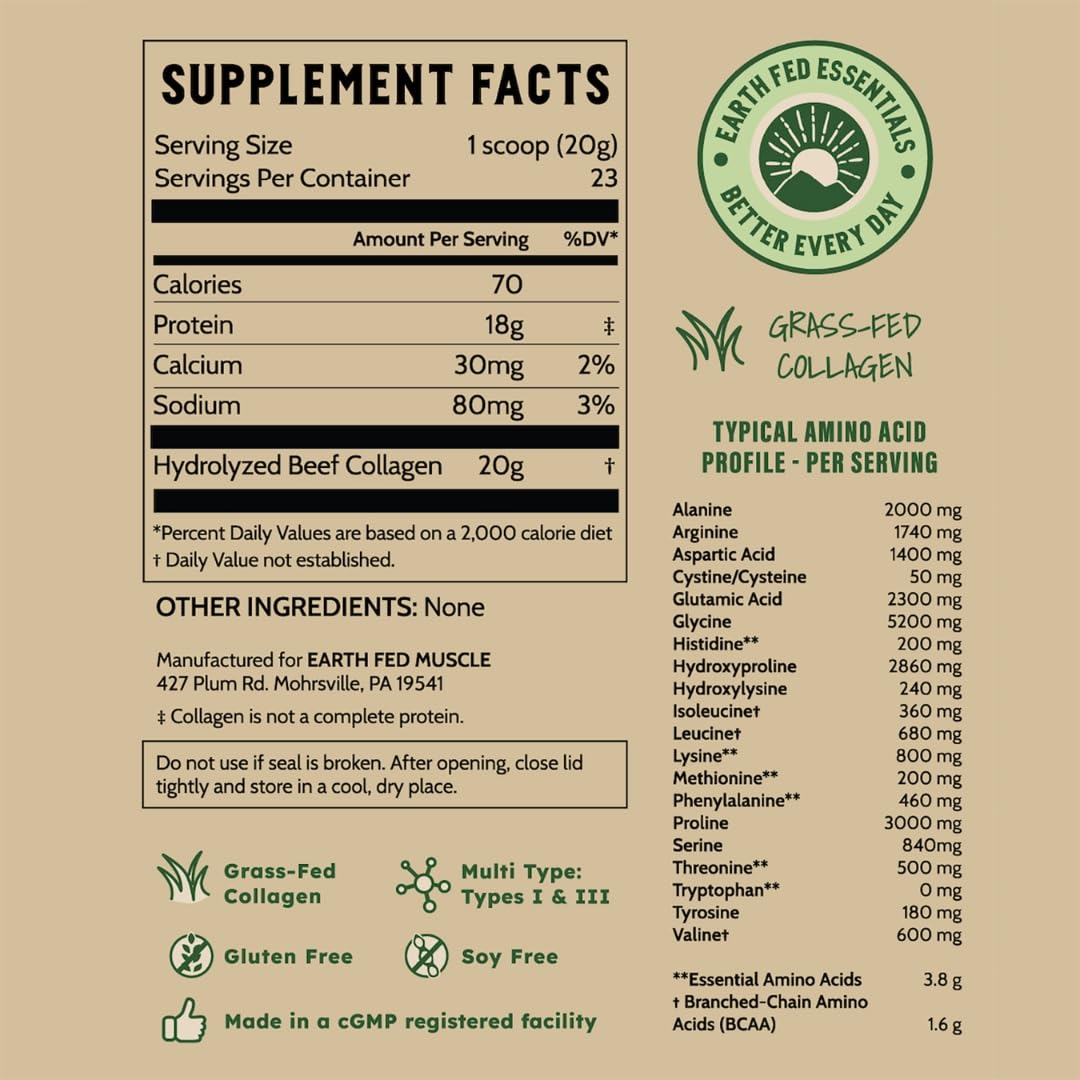 Earth Fed Muscle Collagen Peptides Powder – Unflavored, 20g per Serving | Hair, Skin & Nails Support | Keto & Gluten-Free