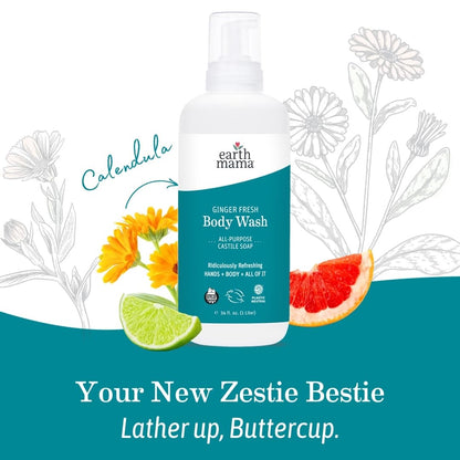 Earth Mama Ginger Fresh Hand & Body Wash | Castile Soap with Coconut Oil, Shea Butter, Calendula & Aloe (34 oz)