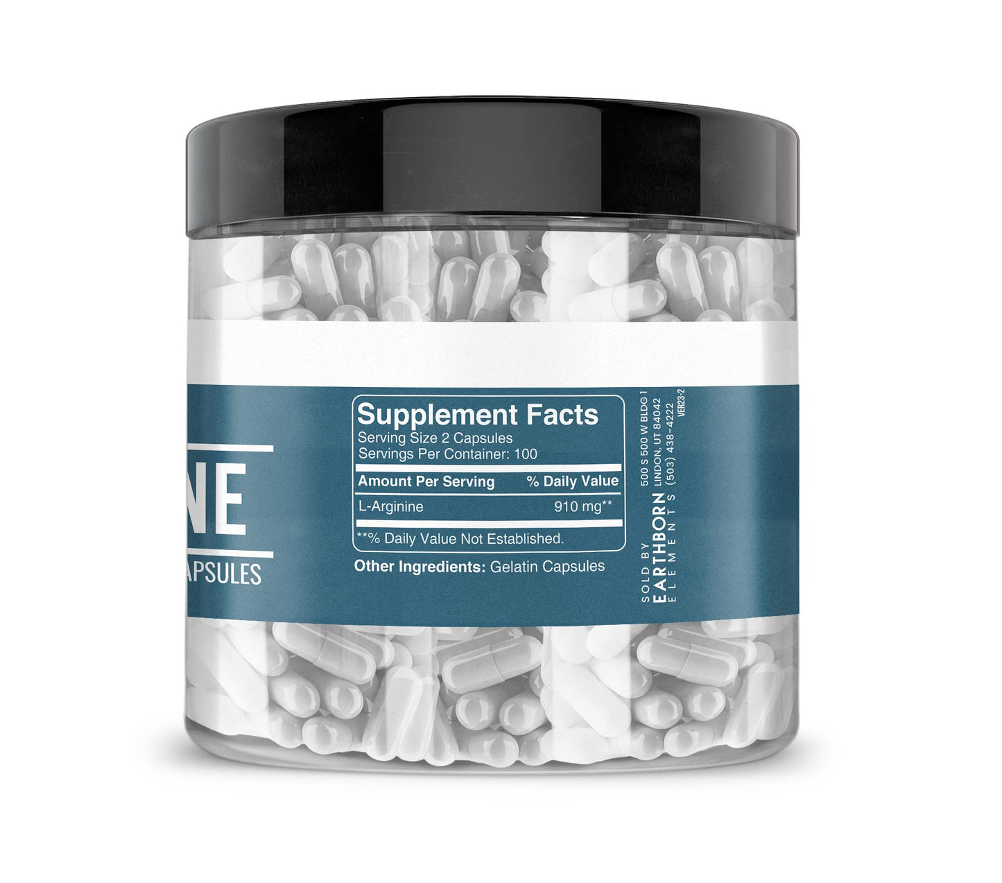 Earthborn Elements L-Arginine – Pure & Undiluted, No Additives (200 Capsules)