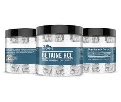 Earthborn Elements Betaine HCl – 200 Capsules | Lab-Tested, No Fillers